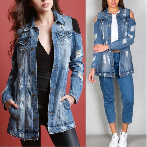 DISTRESSED /SLASHED COLD SHOULDER DENIM - Picture 2 of 4